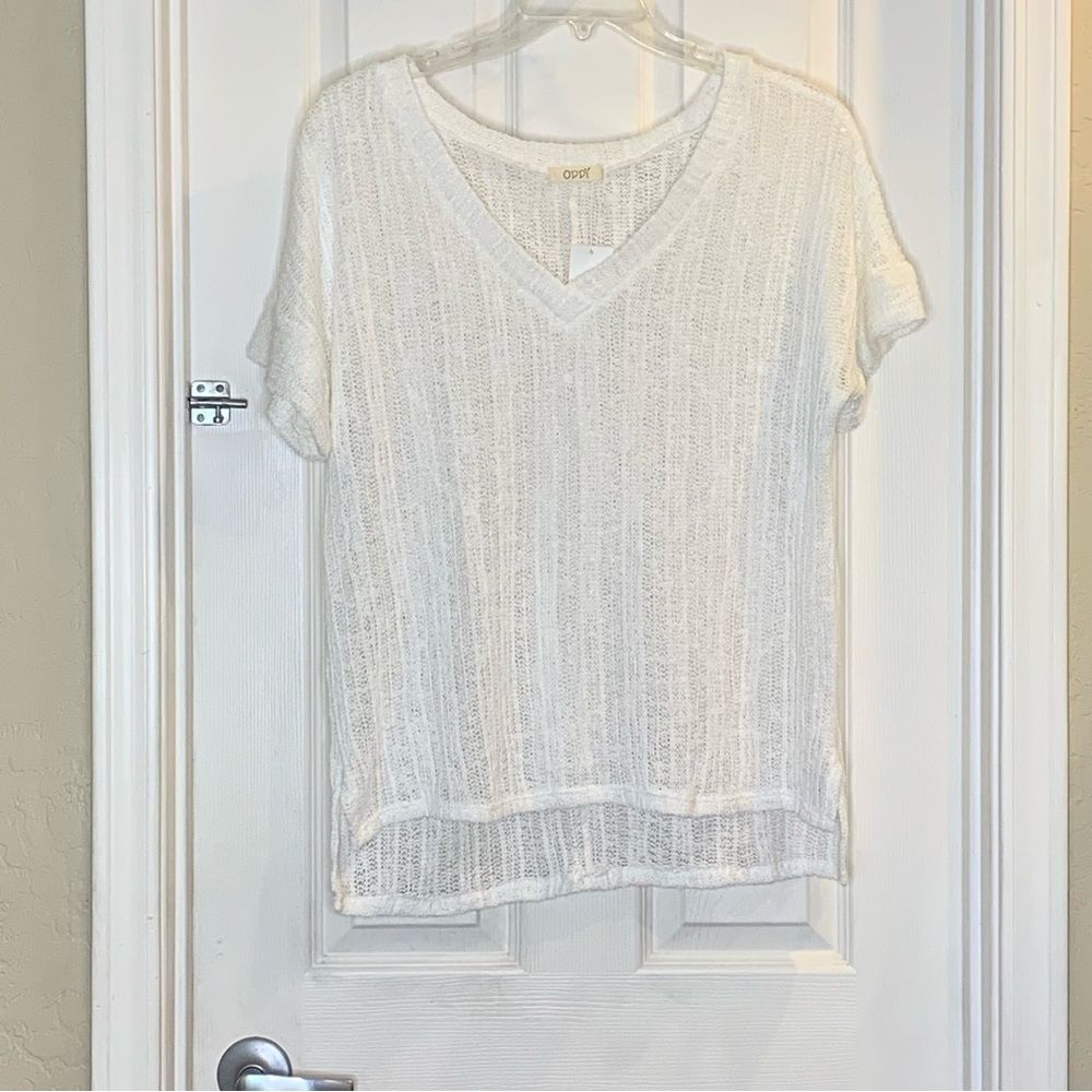 ODDY White V-Neck Crochet Top Size Large